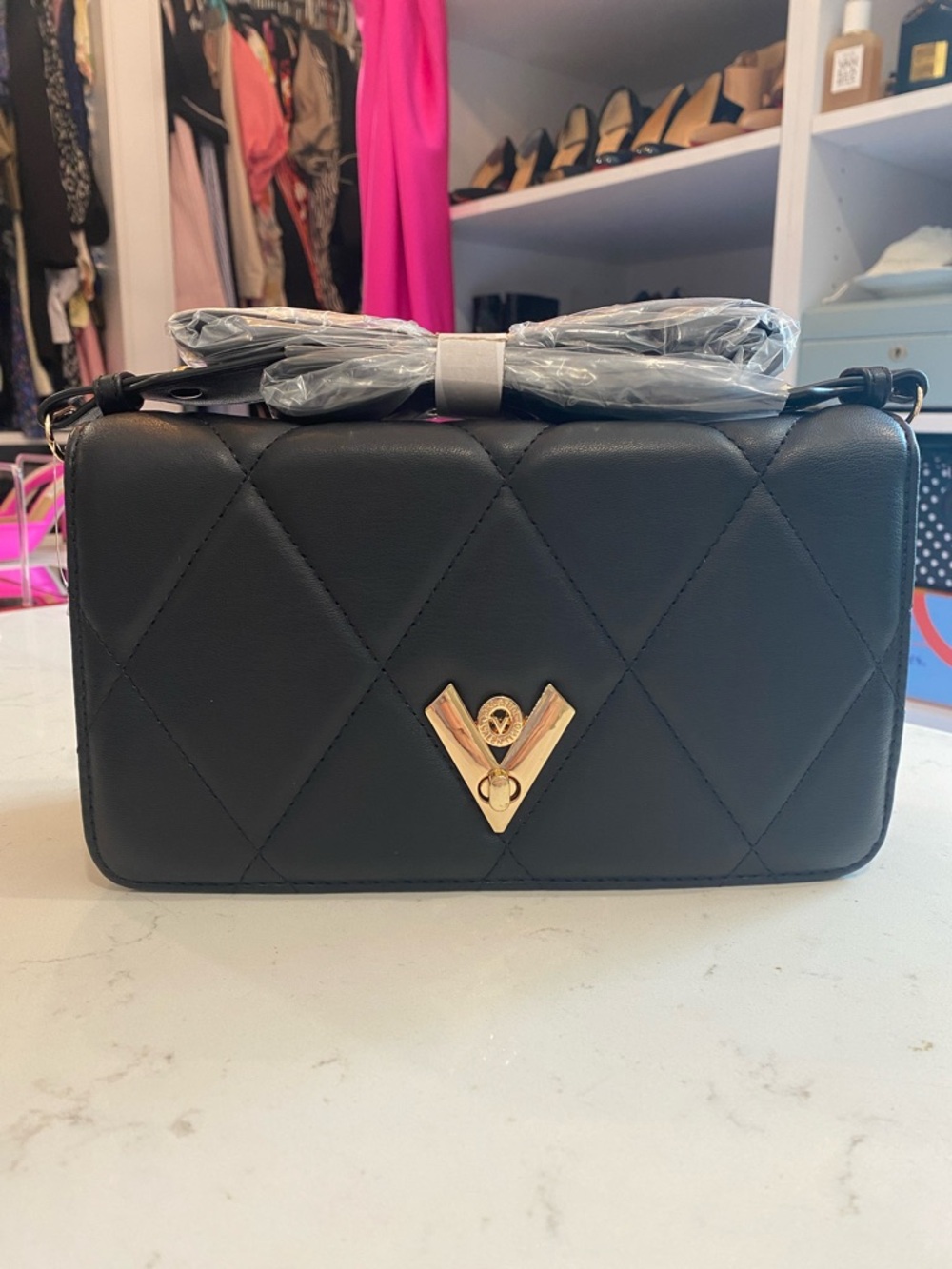 Valentino Orlandi Quilted Vegan Leather Crossbody Bag with Gold V Accent - Black